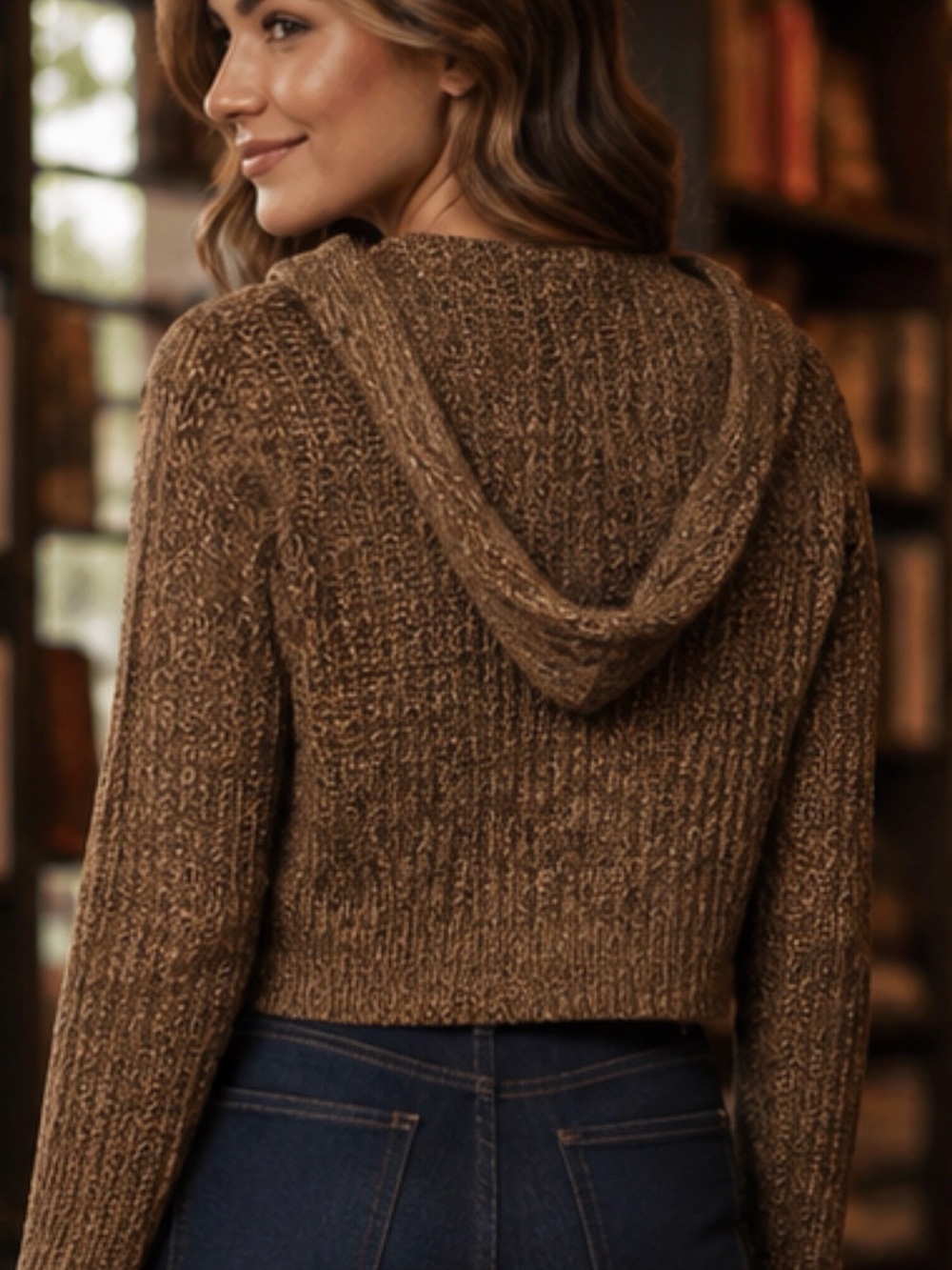 Dots Brown Marled Chunky Knit Cropped Hooded Cardigan Sweater Size L - Picture 2 of 10